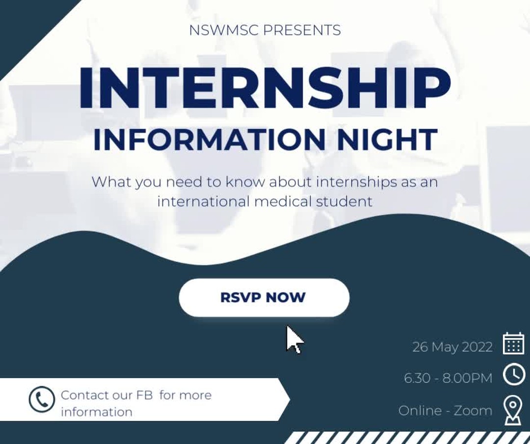 Are you currently an International Med Student studying in NSW 🤩🤩?

Do you feel like you're going around in circles when its comes to internship for international students 🥴🥴?

Have you been losing sleep because internship application process for international students are worrying you 😰😰?

Well never fear! NSWMSC's got you covered 😎😎!!

Join us for a night filled with information on the internship process for international students, from three different doctor's perspective 🥳🥳 !! So much information that will leave you saying, Tally & O'Connor who? (jkjk, we still love Tally)

When: 26 May 2022, 6.30pm to 8.00pm
Where: Zoom
Event Page: https://fb.me/e/3k80EsrBb